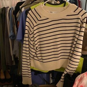 Zara Black and White Crew Neck Sweater Timeless Stripes